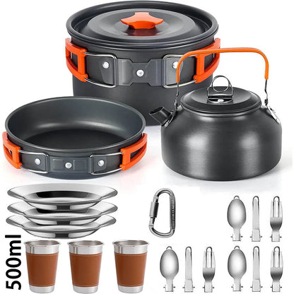 Camping Cookware Set — Non-Stick Cooking Pots, Teapot & Travel Tableware for 2-3 People, Outdoor Picnic Set