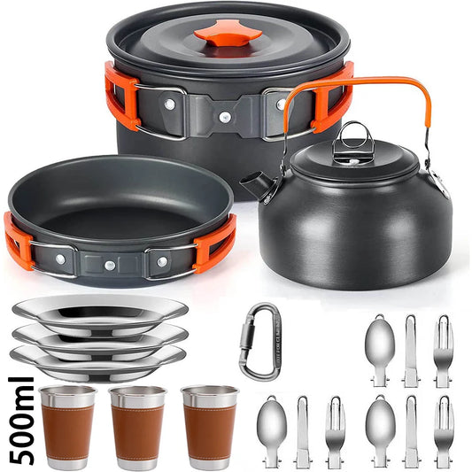 Camping Cookware Set — Non-Stick Cooking Pots, Teapot & Travel Tableware for 2-3 People, Outdoor Picnic Set