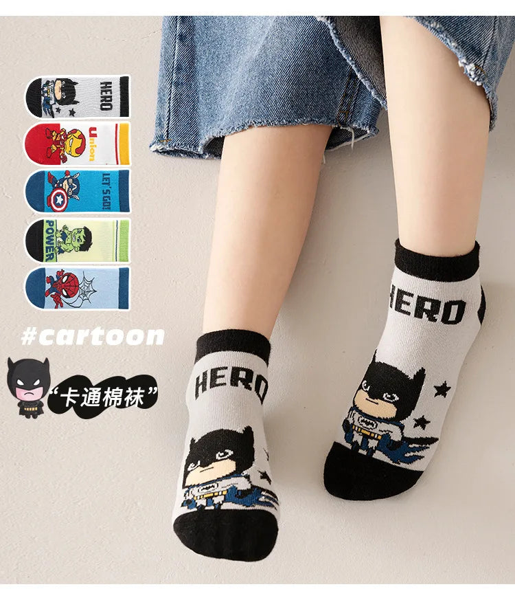 5 Pairs Spiderman Cotton Socks for Kids – Iron Man, Hulk, Thor Anime Boys Short Socks, Cartoon Baby Spring & Summer Footwear