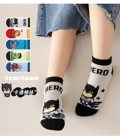 5 Pairs Spiderman Cotton Socks for Kids – Iron Man, Hulk, Thor Anime Boys Short Socks, Cartoon Baby Spring & Summer Footwear