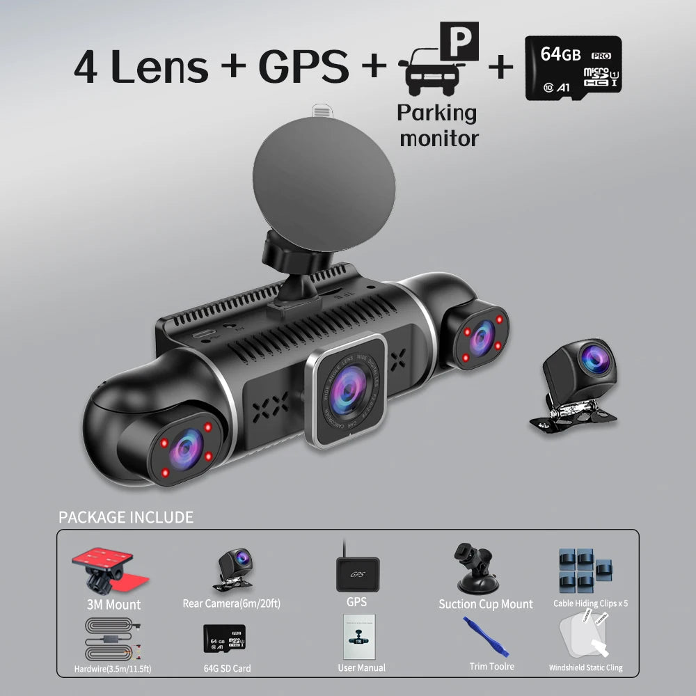 Free 64GB 360° Car DVR Dash Cam – WiFi, GPS, 24H Parking Monitor, 4 Lens HD 1080P Video Recorder with App Control
