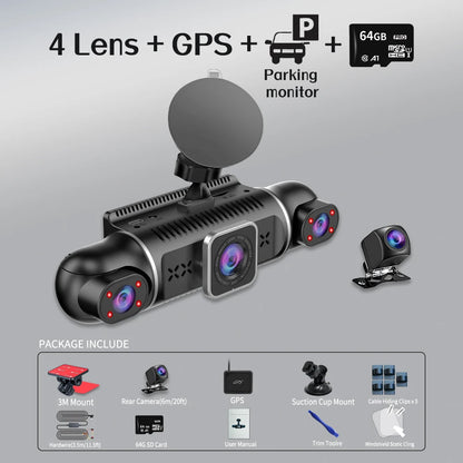 Free 64GB 360° Car DVR Dash Cam – WiFi, GPS, 24H Parking Monitor, 4 Lens HD 1080P Video Recorder with App Control
