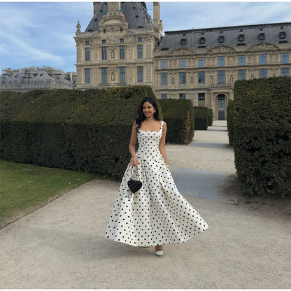 Elegant Women’s Polka Dot Maxi Dress – Chic Sleeveless Round Neck High Waist Slim Fit Vestido for Party & Street, 2025 New