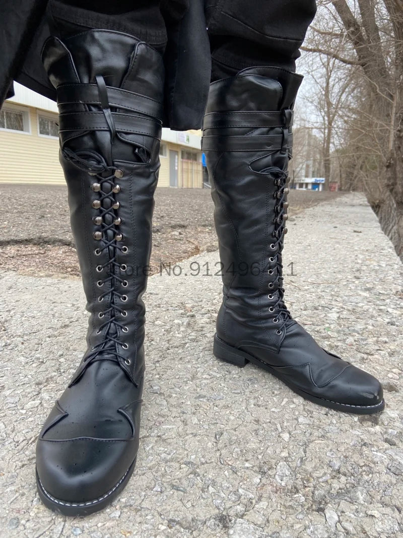Men’s Medieval Steampunk Boots – Long Black PU Leather Cosplay Shoes for Winter LARP, Pirate, Halloween, Carnival, and Knight Costume