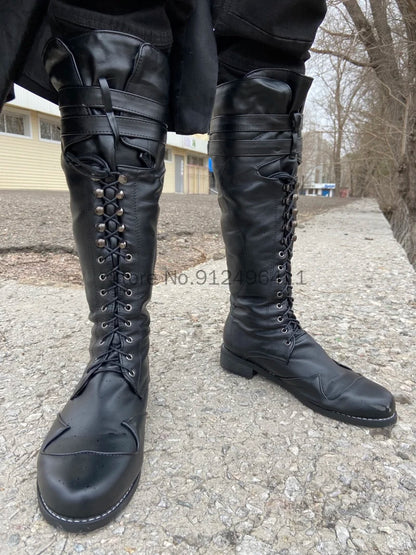 Men’s Medieval Steampunk Boots – Long Black PU Leather Cosplay Shoes for Winter LARP, Pirate, Halloween, Carnival, and Knight Costume