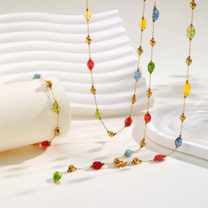 Colorful Rainbow Stone Boho Necklace - Stainless Steel Beaded Y-Shaped Chain Jewelry for Women’s Fashion Style