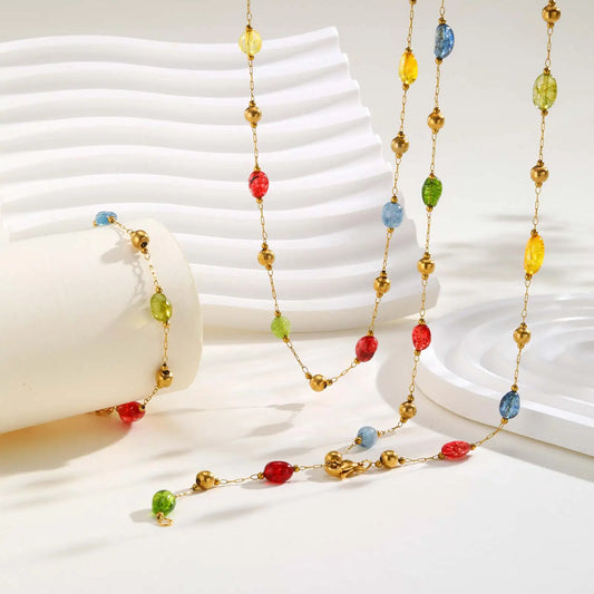 Colorful Rainbow Stone Boho Necklace - Stainless Steel Beaded Y-Shaped Chain Jewelry for Women’s Fashion Style