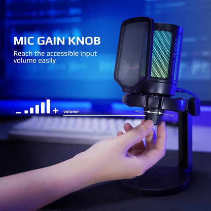 AmpliGame by FIFINE USB Gaming Microphone — RGB Condenser Mic with Gain Knob, Touch Mute for Streaming, Podcast, PC, Switch & PS5 A6NEO