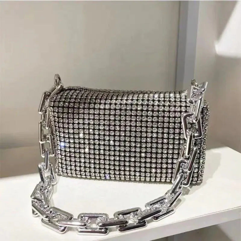 Allover Rhinestone Bucket Bag – Glitter Chain Prom Purse, Women's Mini Crossbody Bag (6.3 x 3.54 Inches)