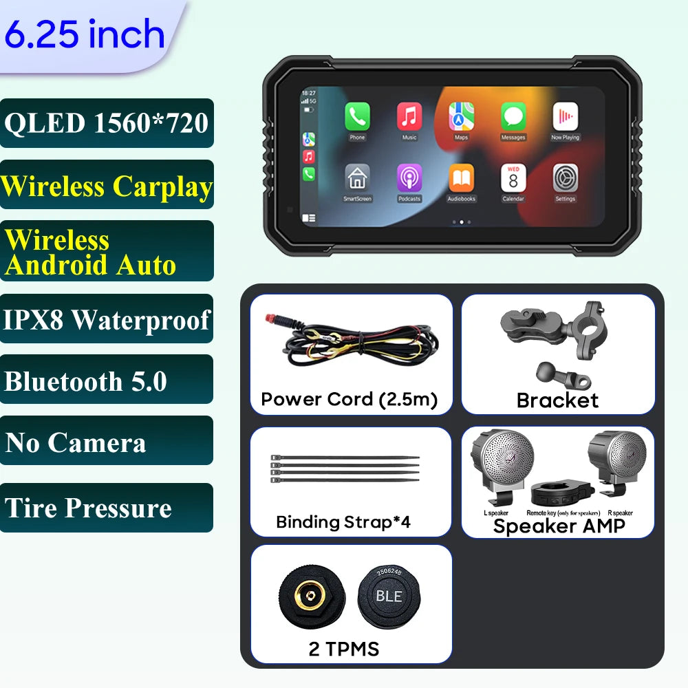 6.25-Inch Motorcycle GPS Navigation Screen with Wireless CarPlay & Android Auto – 1560x720 Resolution, Motor DVR Monitor, TPMS Optional