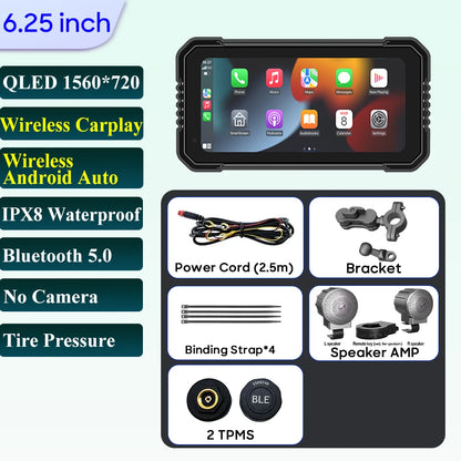 6.25-Inch Motorcycle GPS Navigation Screen with Wireless CarPlay & Android Auto – 1560x720 Resolution, Motor DVR Monitor, TPMS Optional