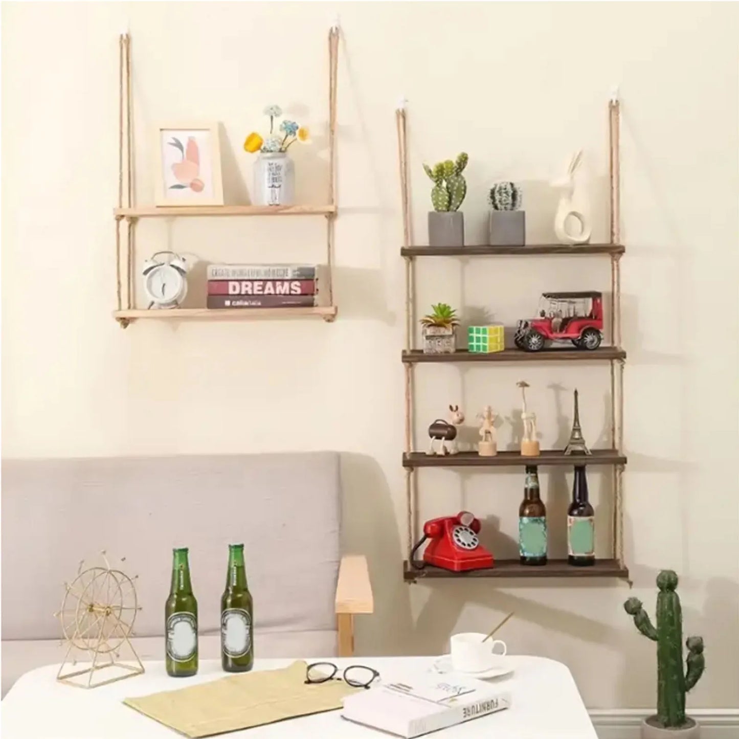 Wooden Floating Shelves for Wall | 1/2/3-Tier Plant and Flower Storage with Swing Hanging Rope | Home Living Room Decor