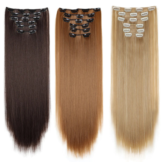 24-Inch 16 Clips-in Hair Extensions – Long Straight Synthetic Blonde & Black Hairpieces, Heat Resistant for Daily Use