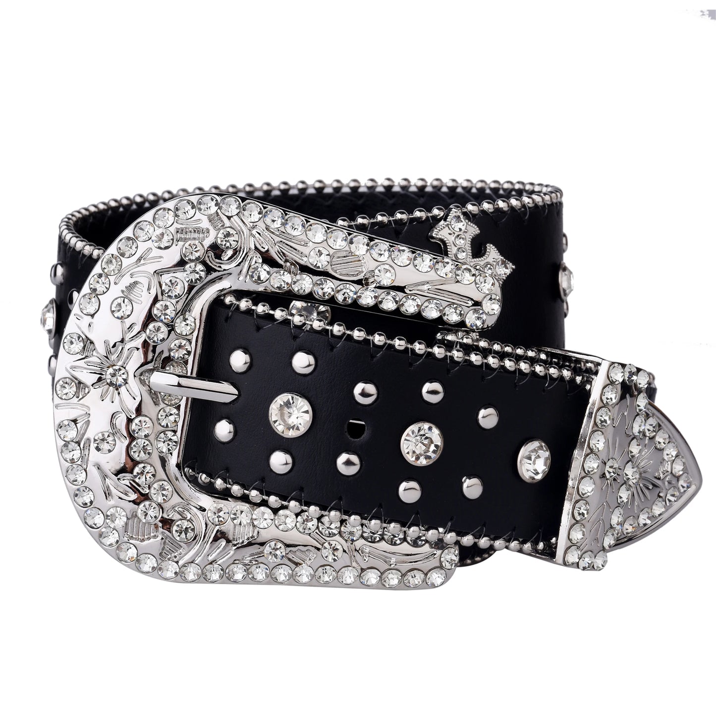 Black Cross Rivet Belt with Engraved Buckle – Rhinestone PU Punk Western Cowboy Cowgirl Jeans Belt