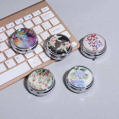 3-Compartment Stainless Steel Pill Box - Round Floral Medicine Organizer, Portable Capsule Case with Dividers