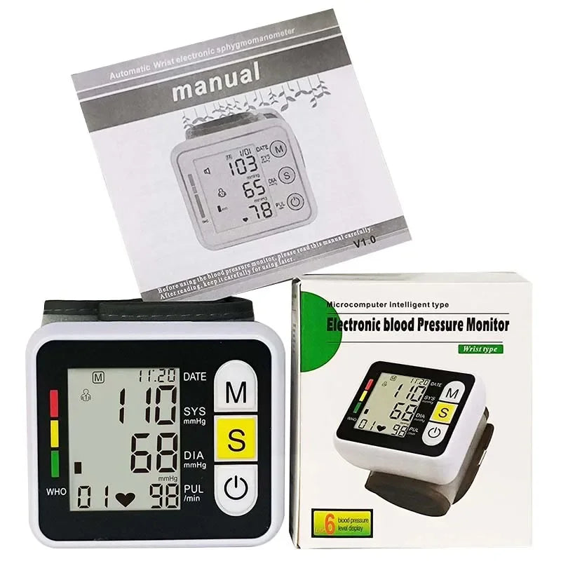 Portable Digital Wrist Blood Pressure Monitor – LCD Screen Sphygmomanometer with Heart Rate & Pulse Measurement