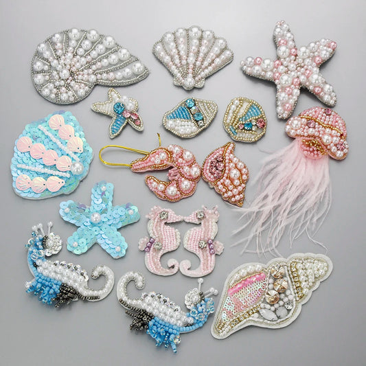 Marine Series Rhinestone Patches - Handmade Shell Starfish Seahorse Leaf Beaded Sewing Appliques for DIY Clothing