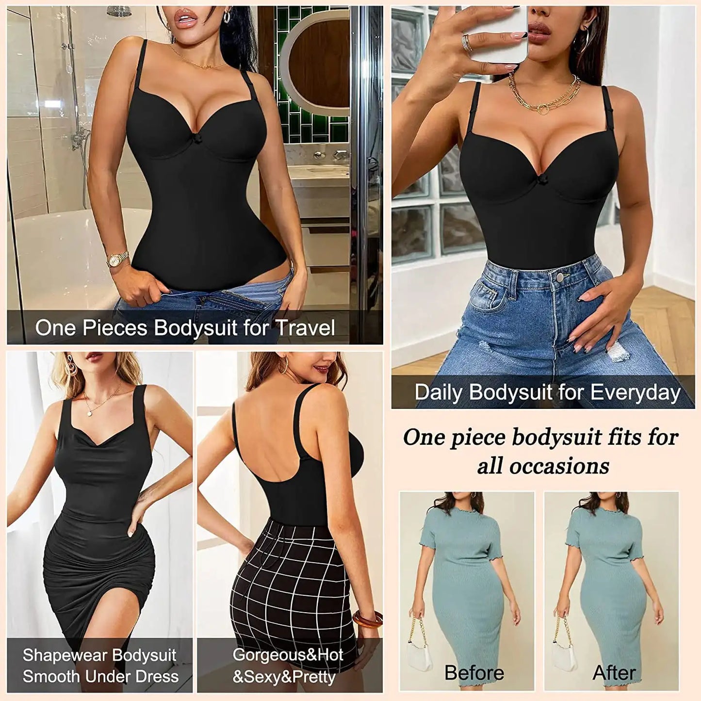 Women’s Slimming Shapewear Bodysuit - V Neck Waist Trainer Jumpsuit with Underwire Bra & Tummy Control Support