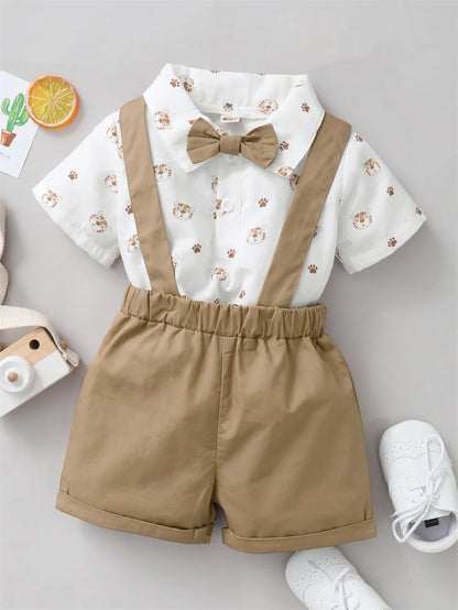 Infant Boy Outfit – Tiger Print Short Sleeve Shirt & Strap Shorts with Bow, Casual Birthday Party Suit (0-2 Years)