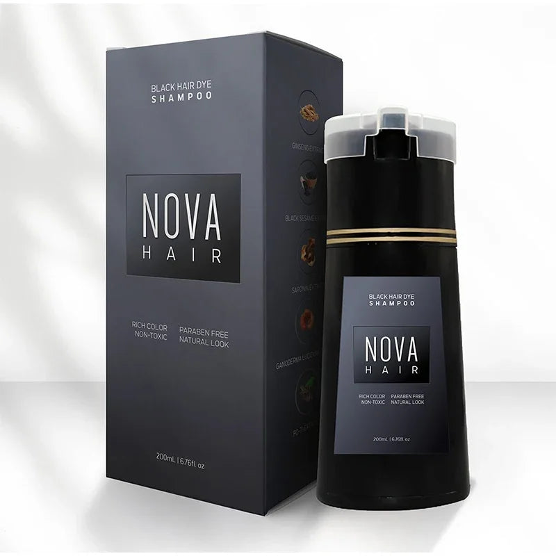 Nova 3-in-1 Hair Dye Shampoo – Natural Fast Black Hair Coloring for Men & Women, Long-Lasting Hair Care