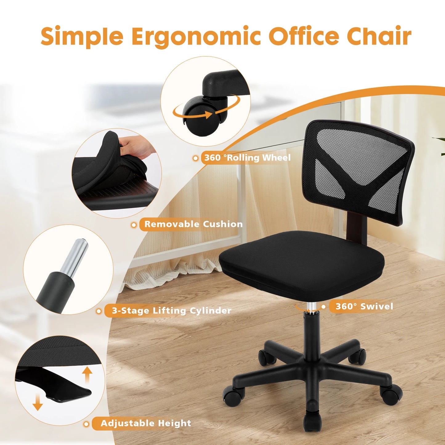 Mesh Armless Office Chair – Low Back with Lumbar Support, Adjustable Height, 360° Swivel & Wheels
