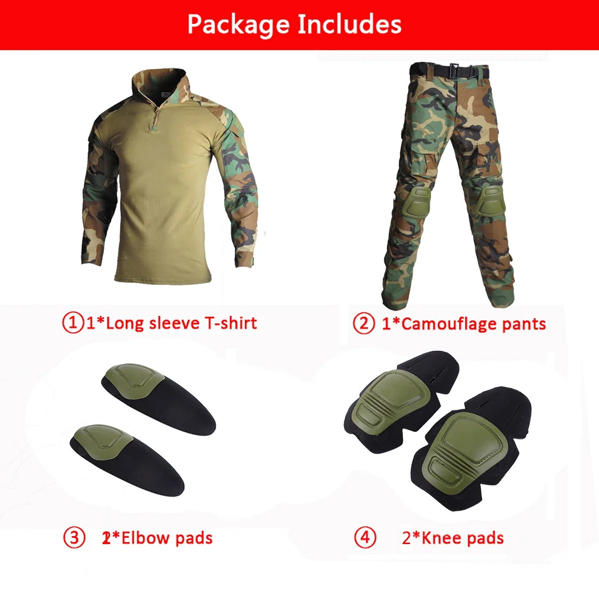 Men’s Camo Tactical Uniform Set | Ripstop Airsoft Suit with Multi-Pocket Pants & Training Shirt for Hunting or Paintball