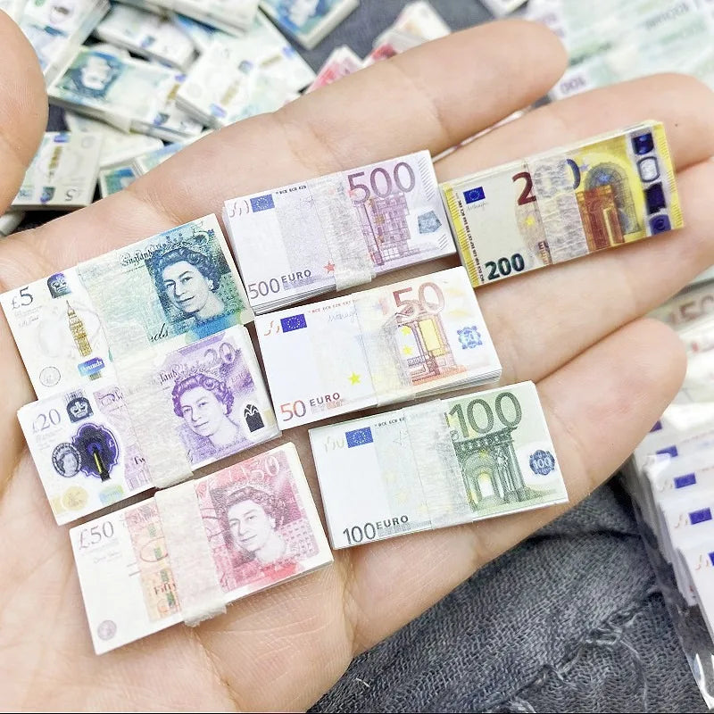 5PCS Mini Dollar & Euro Fake Money Banknotes – Miniature Props for Kids Dollhouse & Decoration