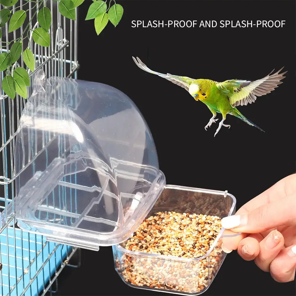 Transparent Bird Cage Feeder - Large Capacity Splash-Proof Plastic Food Trough for Parrots & Small Birds