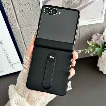 Samsung Galaxy Z Flip 8 Vegan Leather Case - Shockproof Stand Cover with Tempered Glass & Hinge Protection