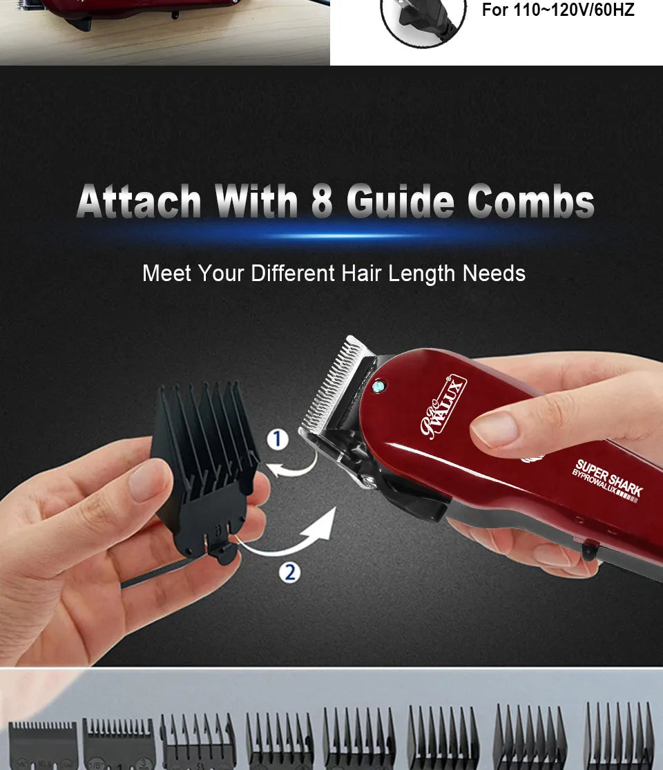 WALUX Professional AC220-240V Hair Clipper – 10W Powerful Hair Trimmer with 2M Cable & 8 Guard Combs for Home Use
