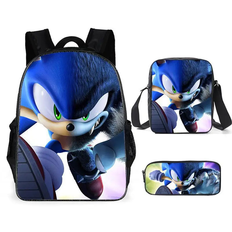 3PC Sonic Backpack School Bag Set – Anime Cartoon Zipper Backpack for Boys & Girls, Primary and Middle School Students