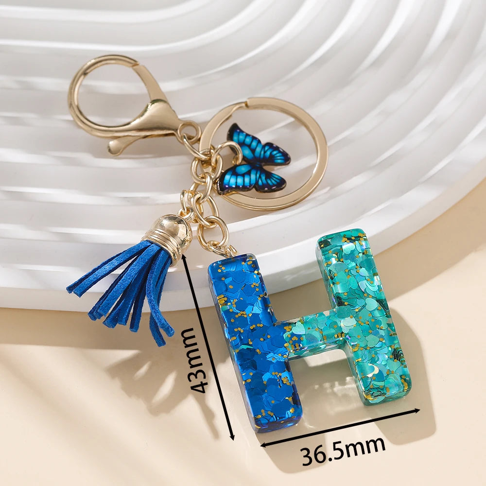 Royal Blue Butterfly Initial Keychain - Alloy Alphabet Letter & Tassel Backpack Charm