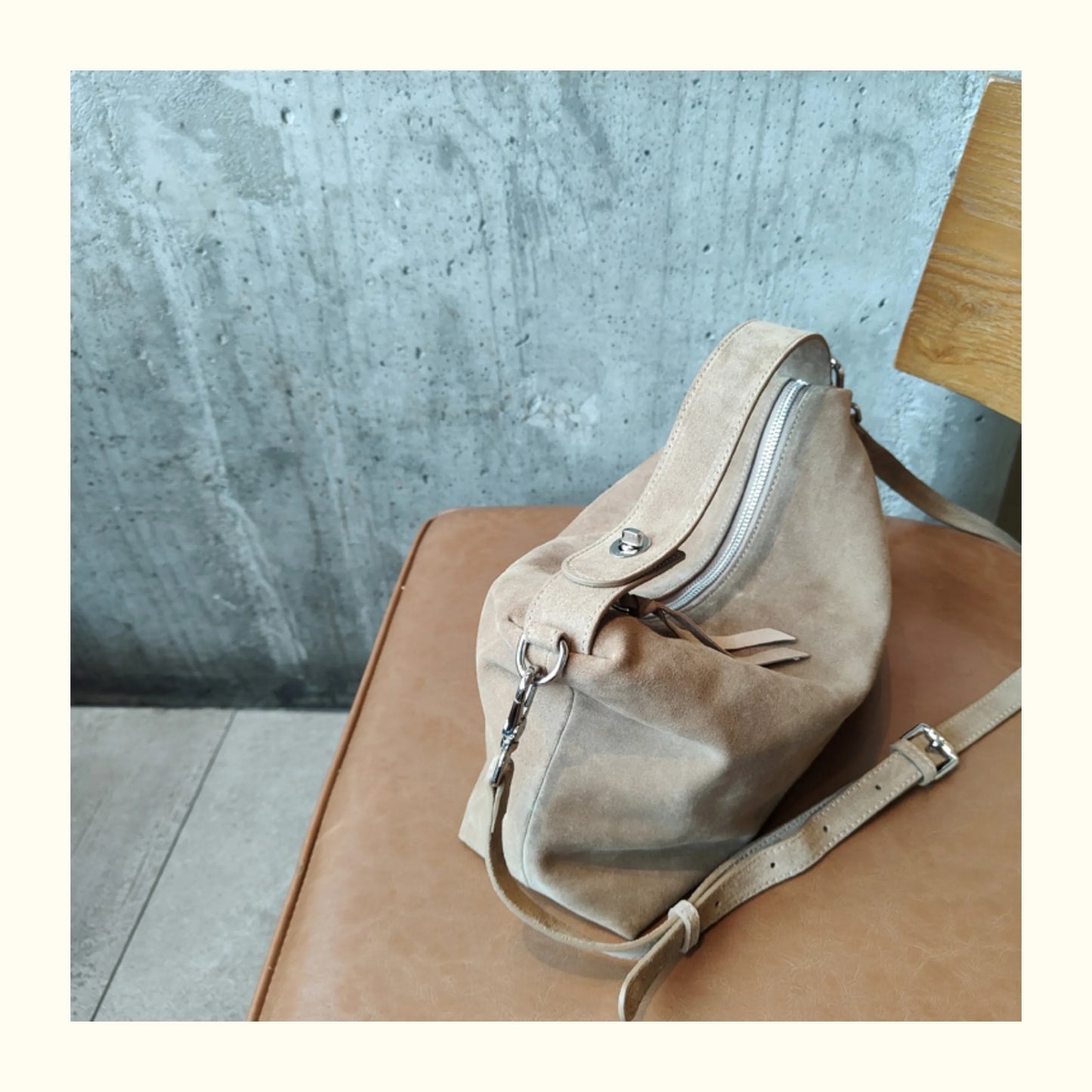 Simple Autumn Winter Grey & Brown Boston Tote — Soft Matte Suede Cow Leather Women's Shoulder Handbag