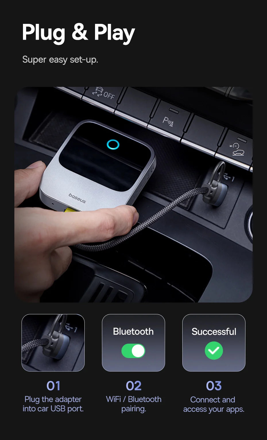Baseus Wireless CarPlay Adapter - Wired to Wireless Auto Connect, Plug & Play Bluetooth Smart Car System
