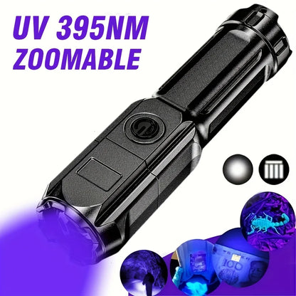 Portable UV Flashlight UV395NM – Zoomable ABS Torch with 3 Modes for Camping, Pet Stains, & Fluorescent Detection