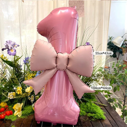 40-Inch Pink Digital Bowknot Foil Balloon - Decorative Number Balloon for Girls’ Birthdays, Weddings and Party Photo Props