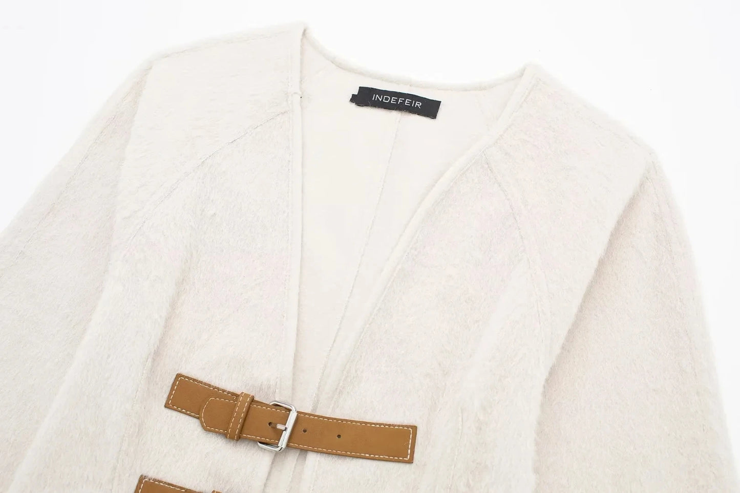 TRAFZA Women’s Retro Leather Buckle Woolen Coat – Fashion Solid V-Neck Beige Jacket, Autumn Spring Streetwear