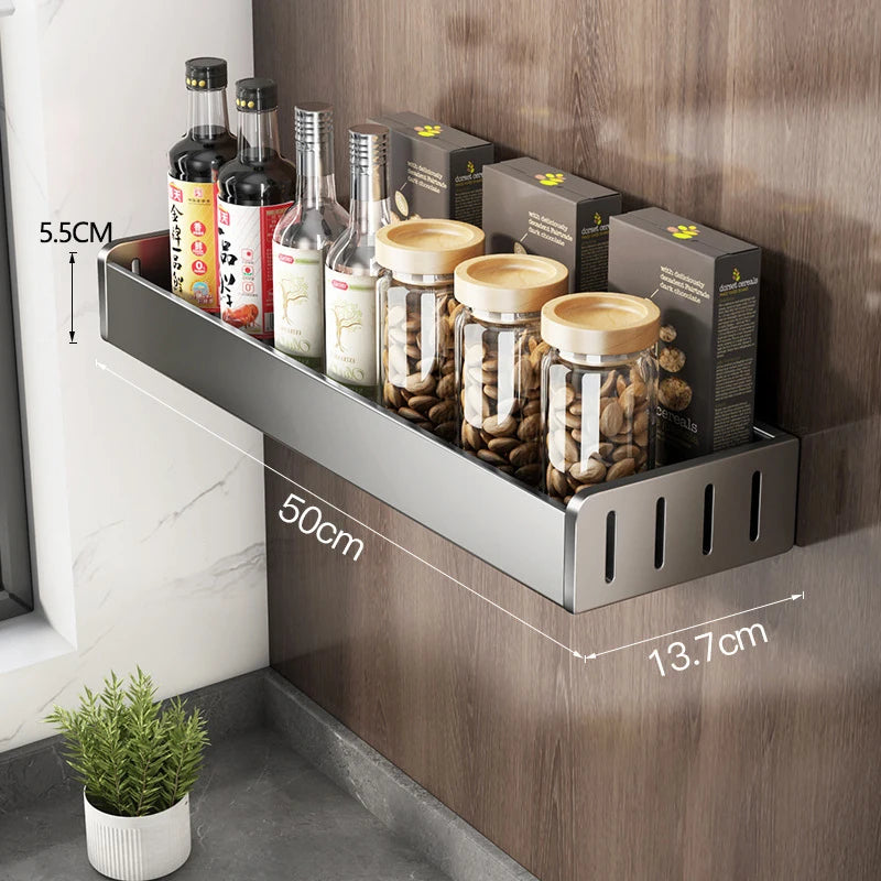 Wall-Mounted Kitchen Spice Rack Organizer with Hanging Hooks – Kitchen Storage Shelf for Condiments