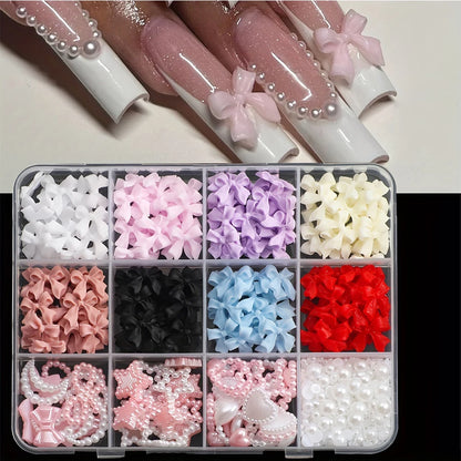 12 Grids Mixed Resin Bowknot Nail Art Decorations – 3D Acrylic Charms & Kawaii Colorful Rhinestone DIY Manicure Parts