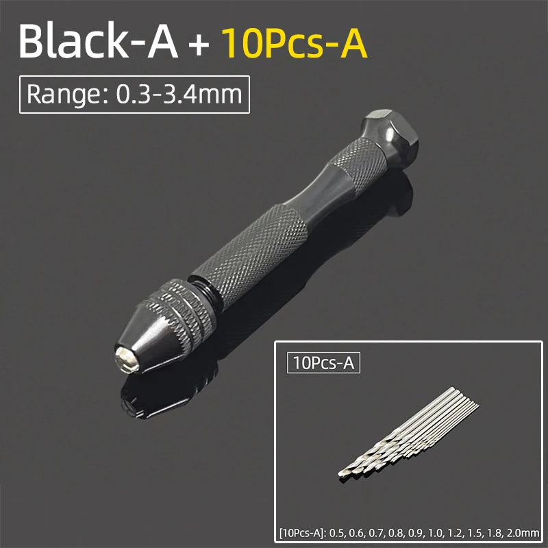 Mini Aluminum Hand Drill 0.3–3.4mm – Keyless Chuck Micro Rotary Tool with HSS Twist Drill Bit Set for Wood & DIY Crafts