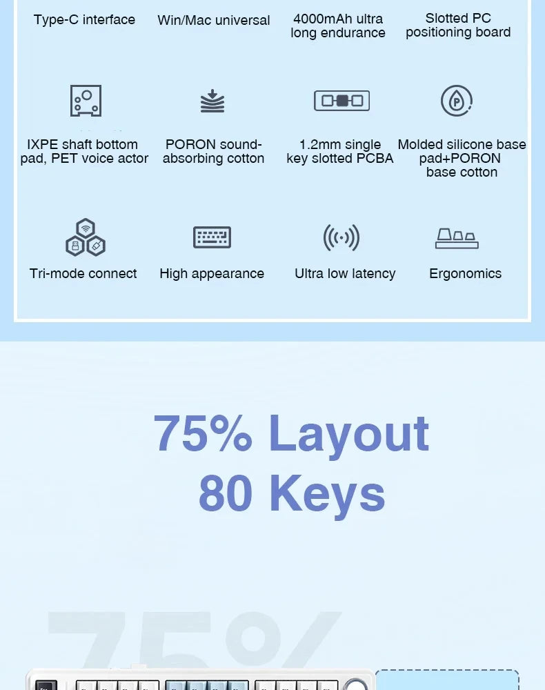 AULA F75 75% Mechanical Gaming Keyboard – 2.4G Wireless, Bluetooth, Wired, RGB, OEM Profile, Gasket Structure