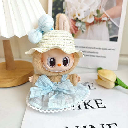 Labubu Clothes Outfit — Sweet Candy Skirt with Fresh Colors & Straw Hat Rural Style for Sitting Party Labubu