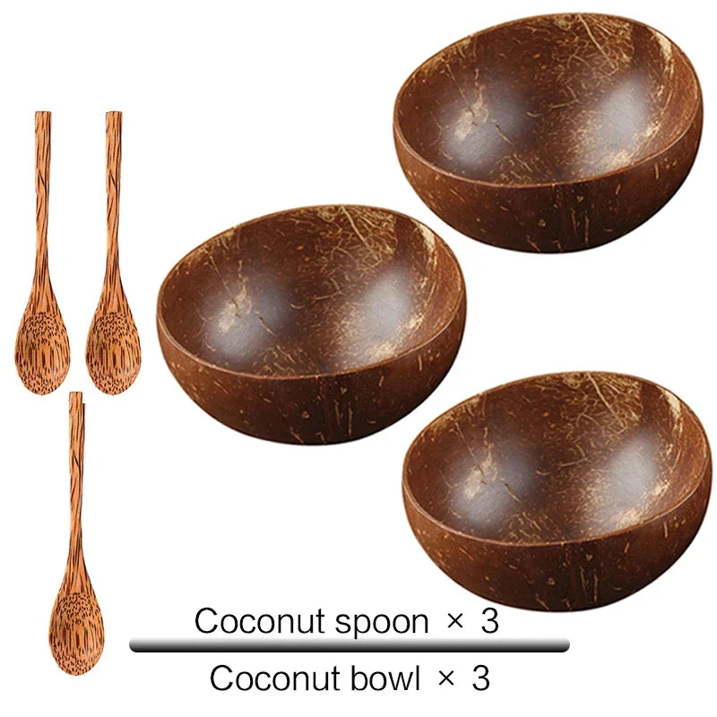 Natural Coconut Bowl with Wooden Spoon – 12–15cm Handmade Tableware for Salad, Dessert, Rice & Ramen