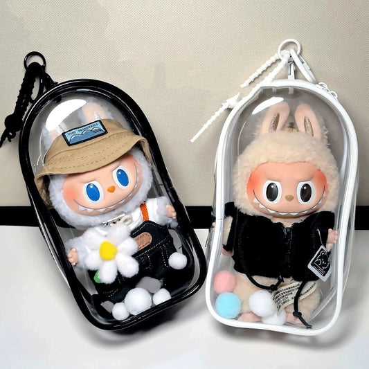 Colorful Transparent Protector Case Organizer – Outdoor Display Bag for 17cm Labubu Plush Dolls with Keychain Accessories