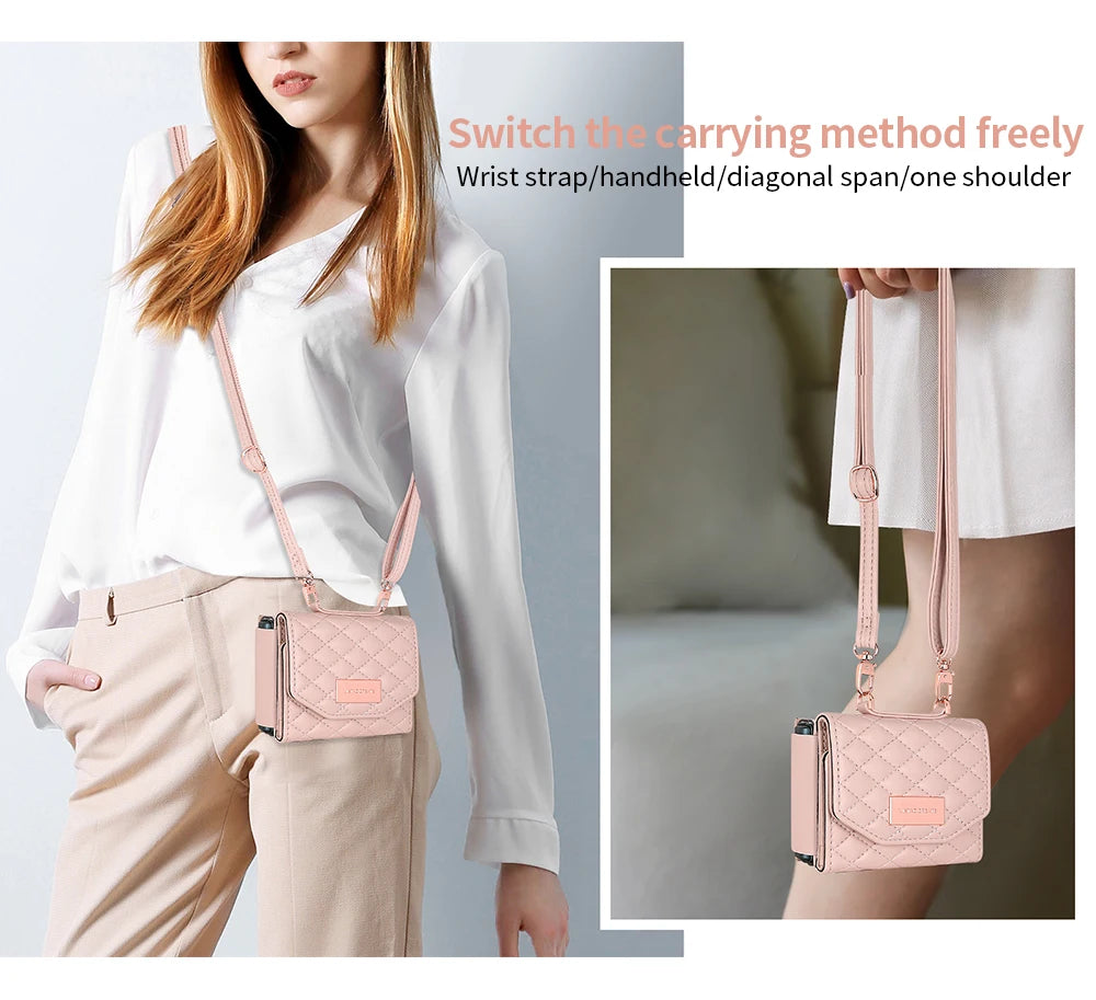 VIETAO Leather Wallet Phone Case with Crossbody Strap — Pink Purse Case for Samsung Galaxy Z Flip 3/4/5/6/7