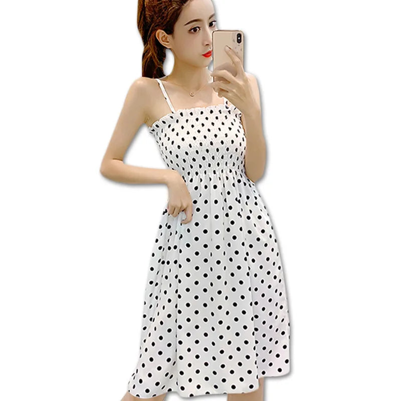Women’s Summer Mini Dress – Casual Sleeveless Spaghetti Strap Chiffon Dress with Elastic High Waist