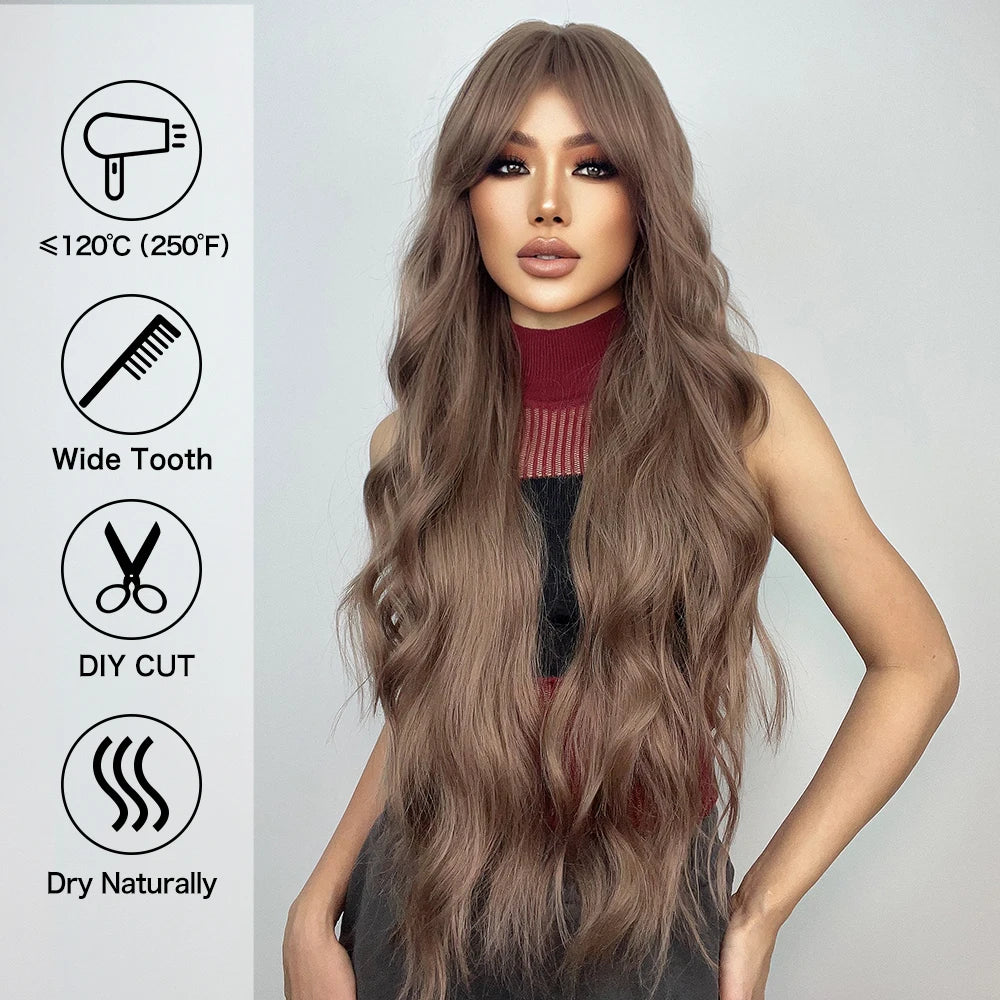 Super Long Curly Wavy Brown Synthetic Wig with Bangs – Heat-Resistant Afro Style for Cosplay, Party, Halloween, White Women