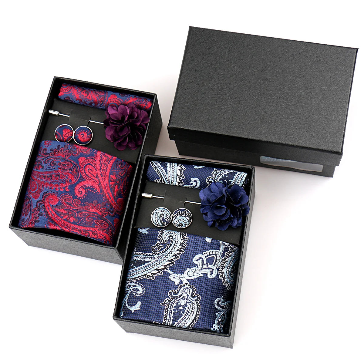 Elegant Men’s Necktie Gift Set - Fashion Tie with Handkerchief, Cufflinks & Brooch Pin Accessories for Business & Wedding