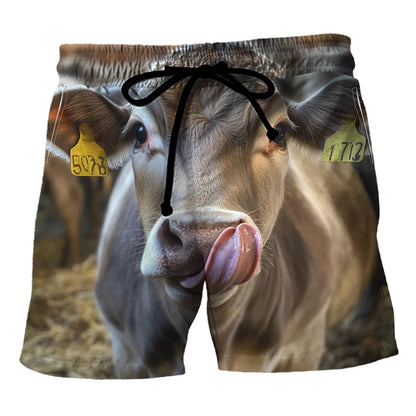 Funny Cow Print Beach Shorts - Men’s 3D Animal Print Summer Swim Trunks