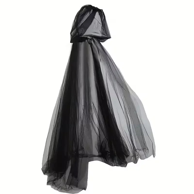 Black Witch & Vampire Cosplay Cloak - Double-Layer Bridal Shawl for Halloween Costumes, Parties, and Dress-Up Events